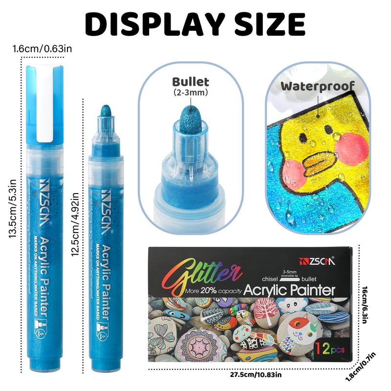 ZSCM QUALITY DECIDES THE FUTURE ZSCM Large Acrylic Glitter Markers Pen, 12 Colors Stocking Stuffers Gifts, Metallic Shimmer Markers for Doodle Writing, Glitter Art Crafts Gifts Trendy Stuff Christmas Stocking Stuffers - Image 2